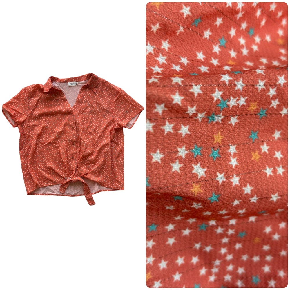 Crescent Drive Orange Star Print Sunday Drive Top Tie Front Blouse Top Shirt